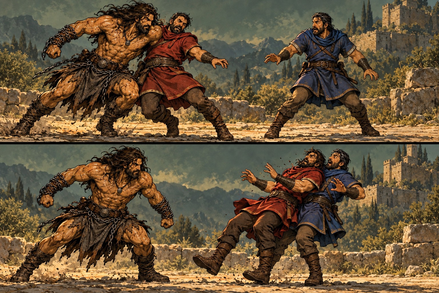Sez's ordinary strike cracks a shield. Body Check on the next hit sends its owner crashing into the guard behind him.