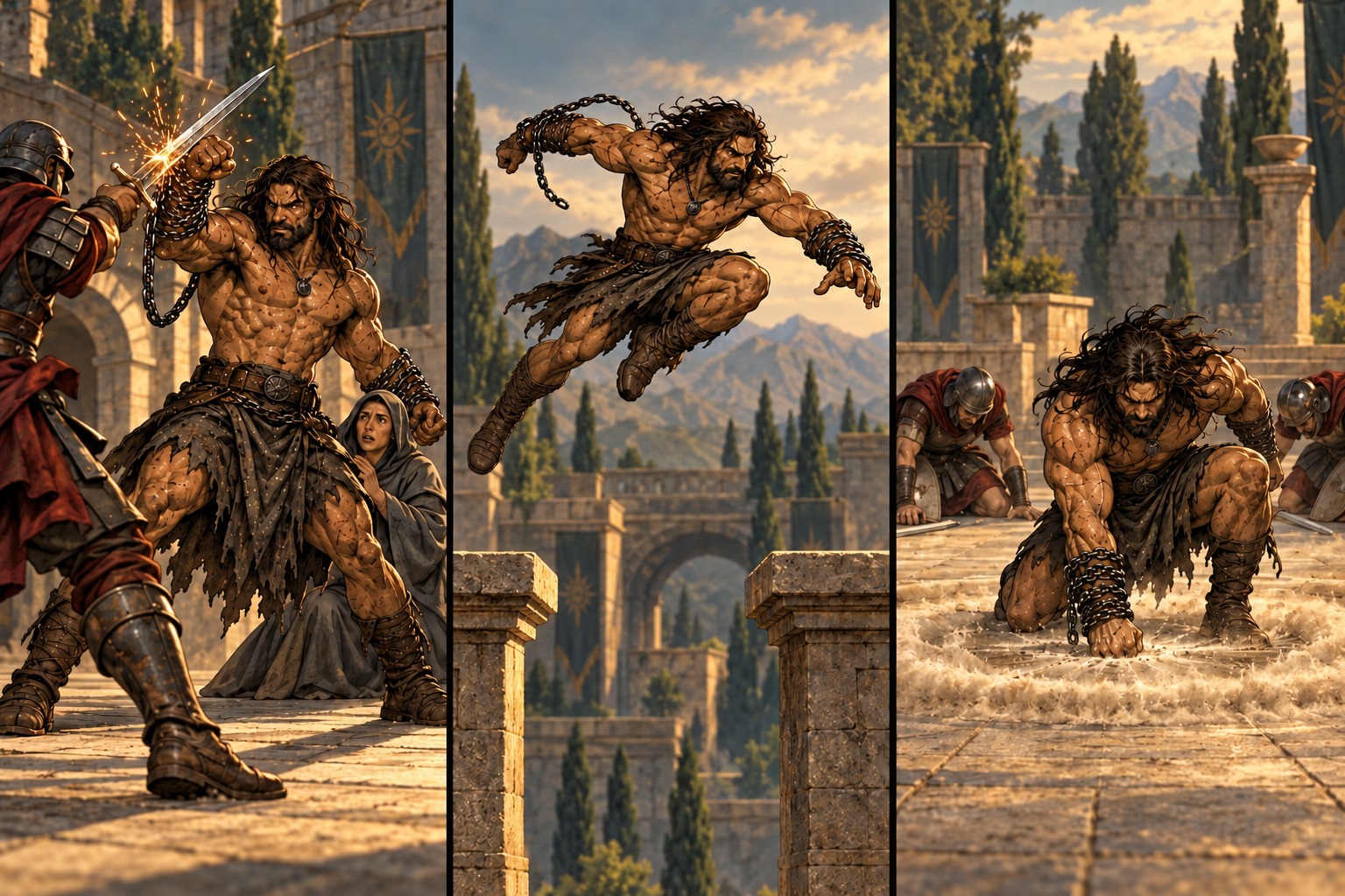 Three moments of the same Sez: protect an ally, leap into battle, and deliver a mighty ground strike.